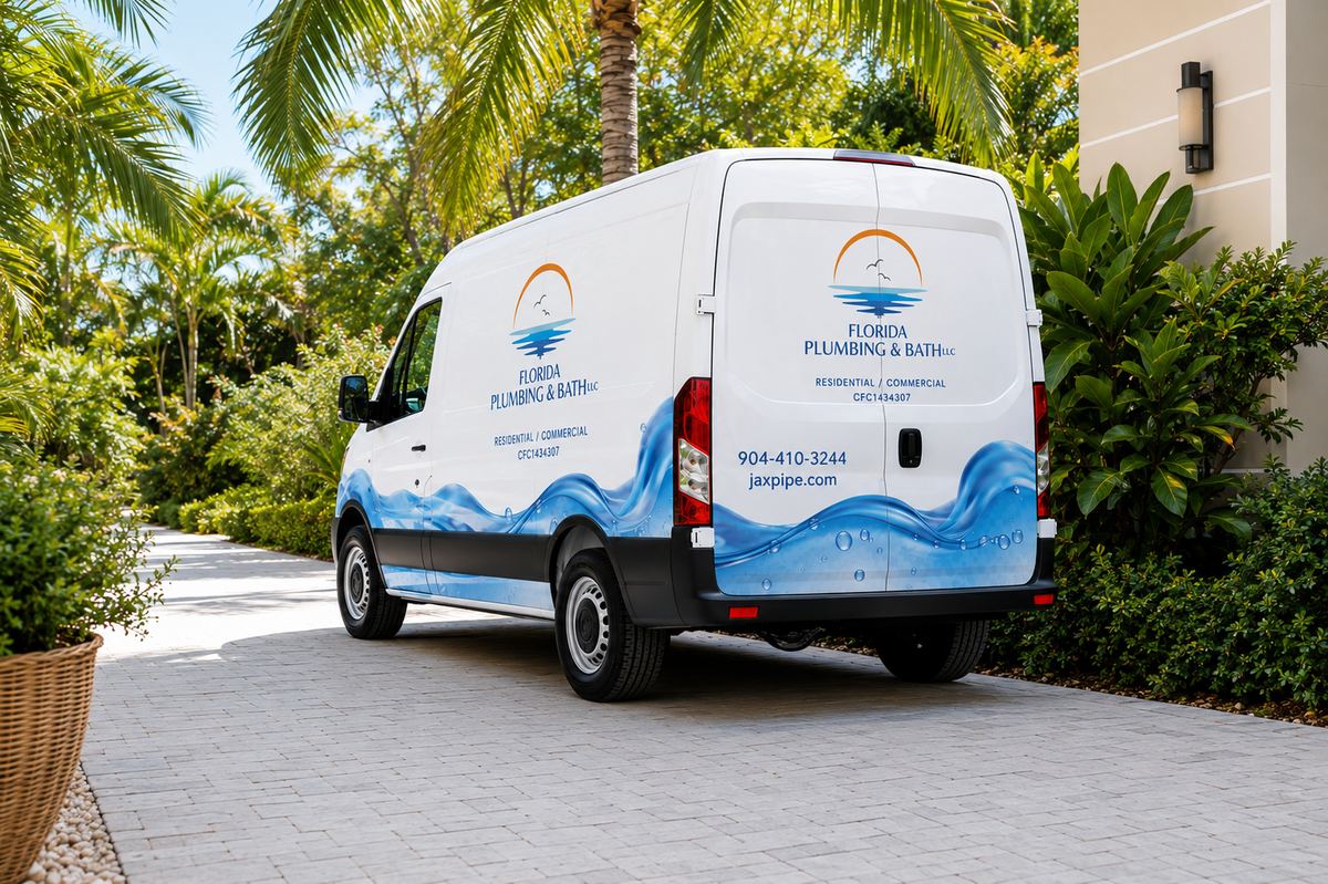 Florida Plumbing & Bath service van at a Northeast Florida home